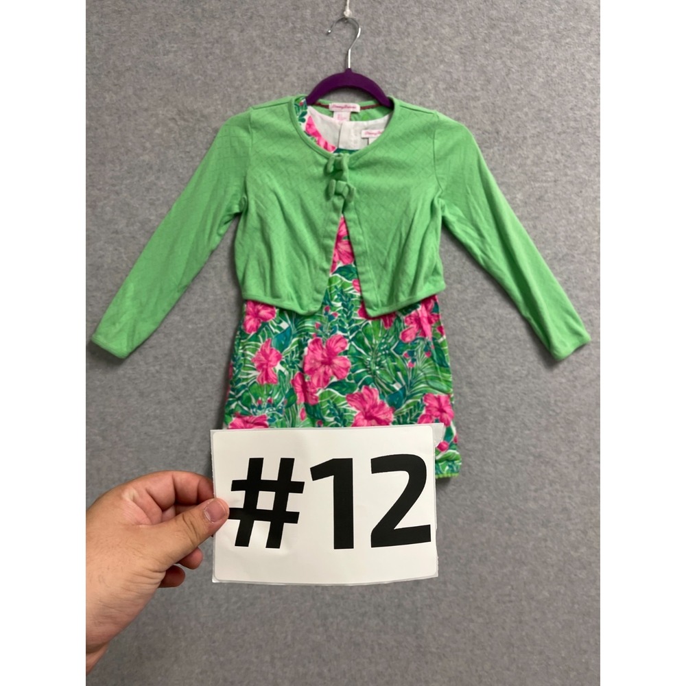Tommy Bahama Turtle Dress Girls 7Y Green Floral Cotton Round Neck Lace Detail